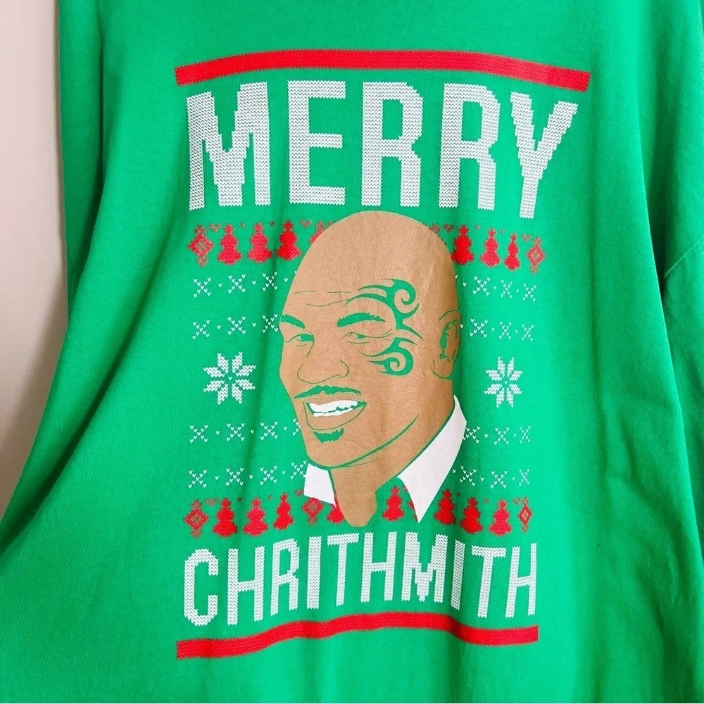 Mike Tyson Ugly Christmas Sweater Merry Chrithmith Size Mens 2XL Crew Neck Green
